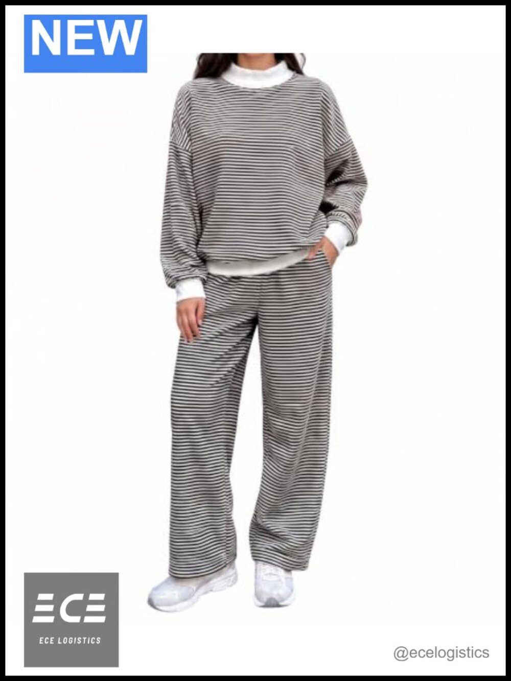 Womens 2 Piece Lounge Set Striped Mock Neck Top Wide Leg Pants